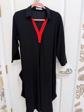 Teresa Black Dress with Red V-Neck Trim